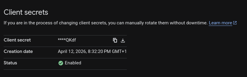 Client secret details panel in Google Cloud