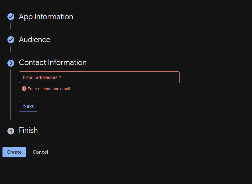 Contact information step requiring at least one email address