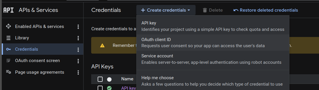 Create credentials dropdown with OAuth client ID selected