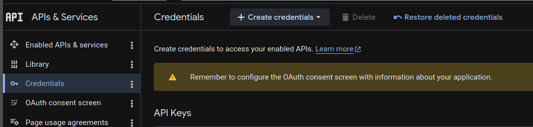 Credentials page in Google Cloud