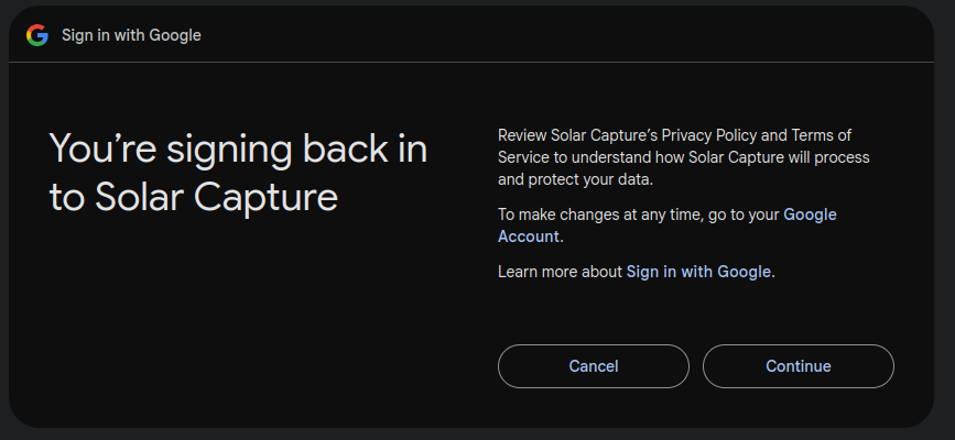 Google sign-in screen showing Continue button