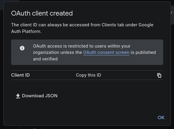 OAuth client created dialog with download JSON option