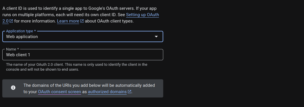OAuth client form showing Web application type