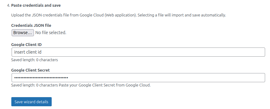 Wizard with client ID and client secret entered and save button visible