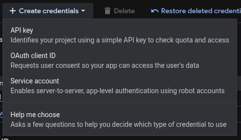 Create credentials dropdown with API key selected