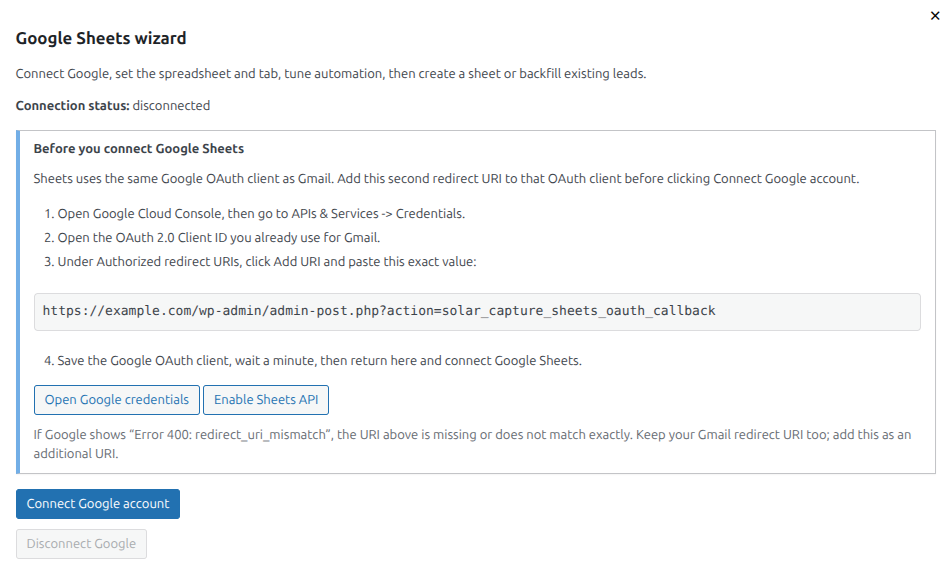 Google Sheets wizard showing redirect URL and setup buttons